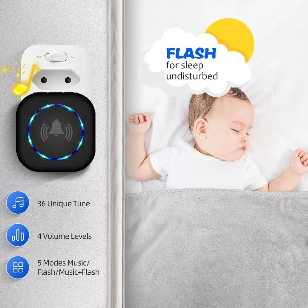 

Водонепроницаемый беспроводной умный дверной звонок с 36 мелодиями, передачей сигнала через стены, 4 уровнями громкости, электронный дверной звонок