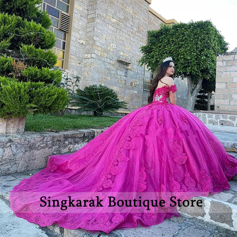 Fuchsia Off The Shoulder Appliques Ball Gown Quinceanera Dress 2024 Flowers Crystals Pearls Vestidos De 15 Años Customized