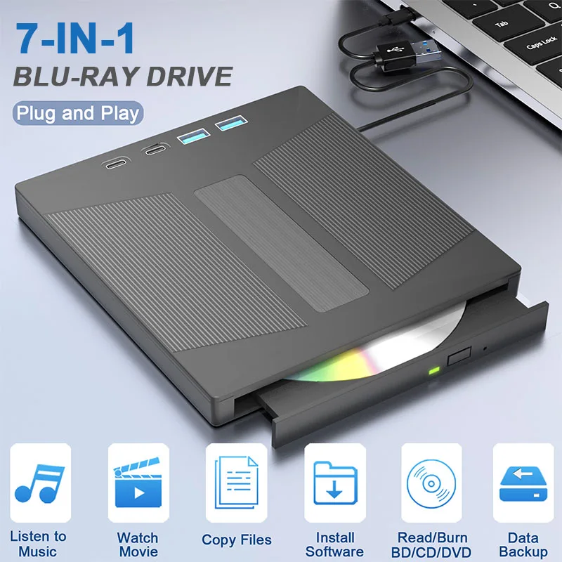 

Portable External Blu-ray Drive USB 3.0 Type-C BD/CD/DVD Optical Drive DVD Player Reader Burner Reader For Laptop PC Windows Mac