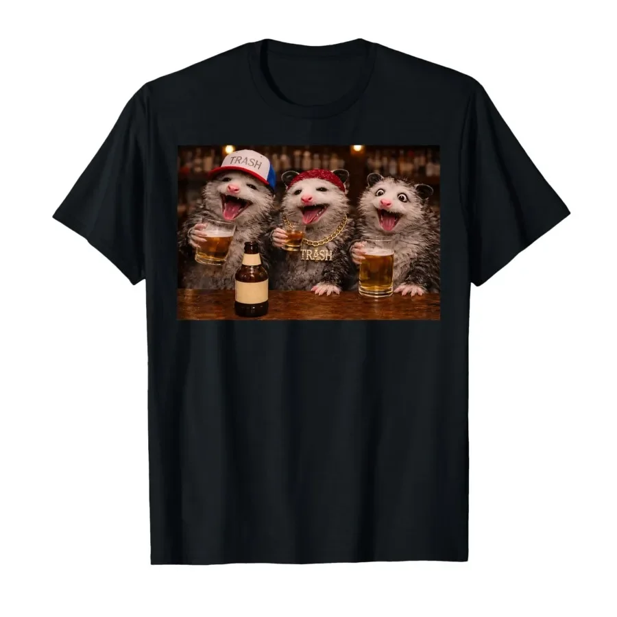 Funny Opossum Drinking Beer Trash Party Cute Possum Animal T-shirt For Men Women 100% Cotton T Shirts Short Sleeve Tops 0403-1