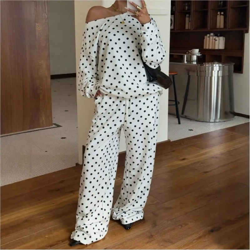 Bohemian Retro Dot Print Two-piece Set Fashion Slanted O-neck Loose Long Sleeved Top And Wide Leg Pants Suit Lady Office Outfit