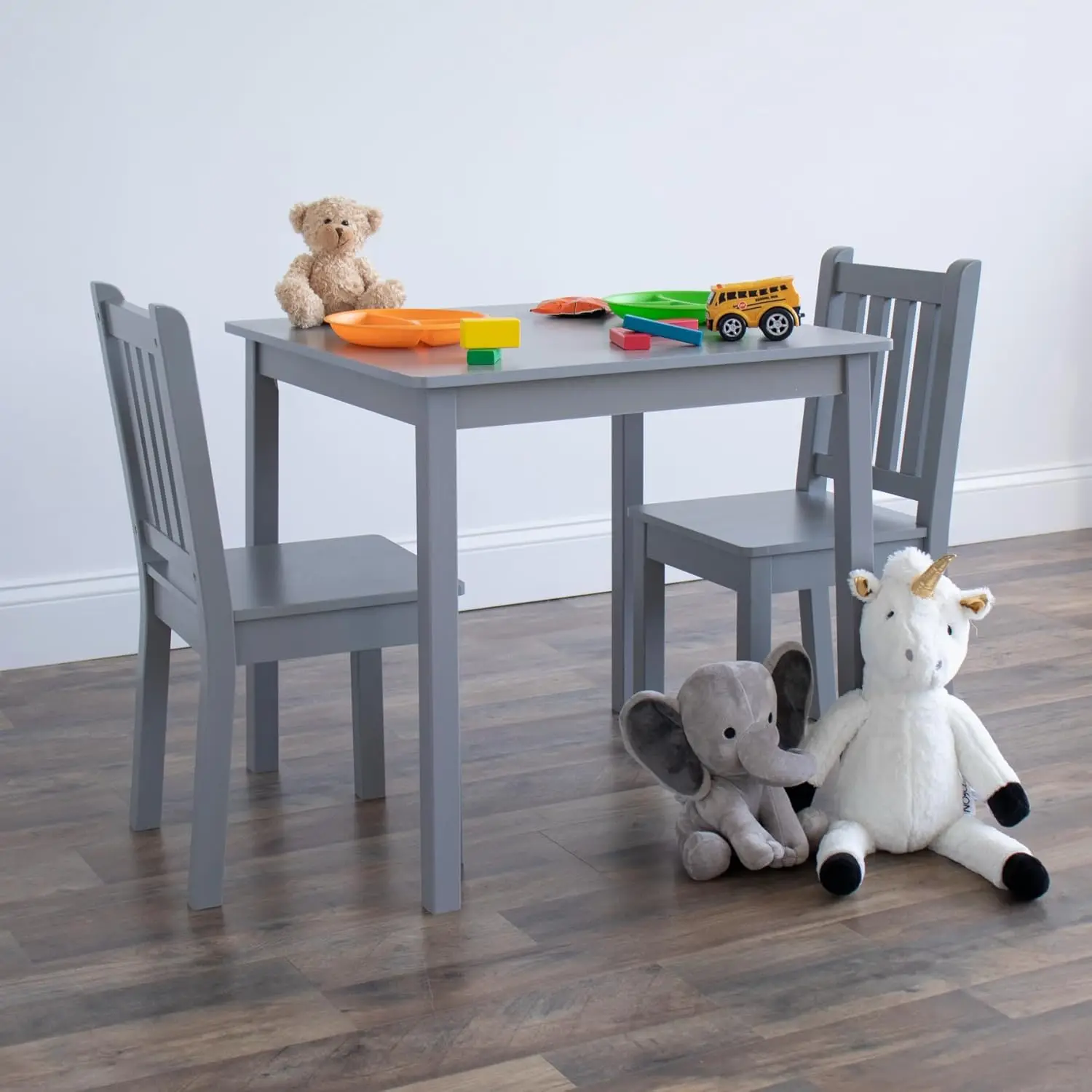 Set tavolo e 2 sedie in legno per bambini grigio, quadrato