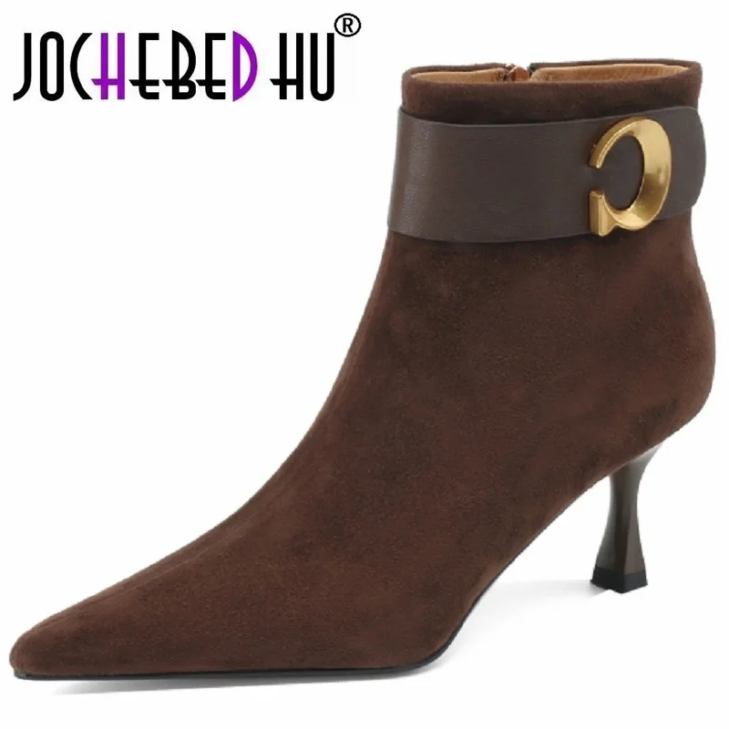 

【JOCHEBED HU】New Women Brand Genuine Leather Thin High Heels Shoes Elegant Pointed Toe Office Lady Basic