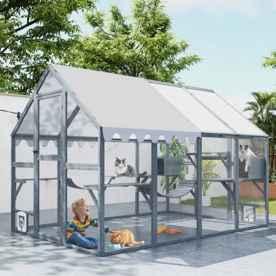 

Wooden Cat Catio Outdoor Large Cat Enclosure Cat Playpen with Platforms Sunshine Boards Bridges Condos Grey