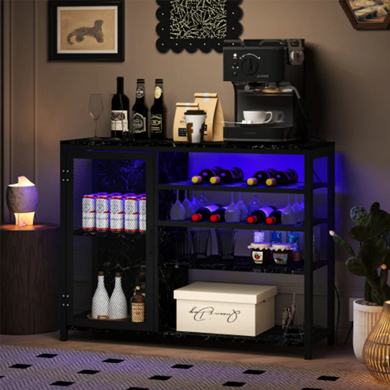 Gabinete de bar, gabinete de bar de vino, credenza de almacenamiento de licores, tablero lateral con estantes para vino y soporte para copas, con enchufe UAB, negro