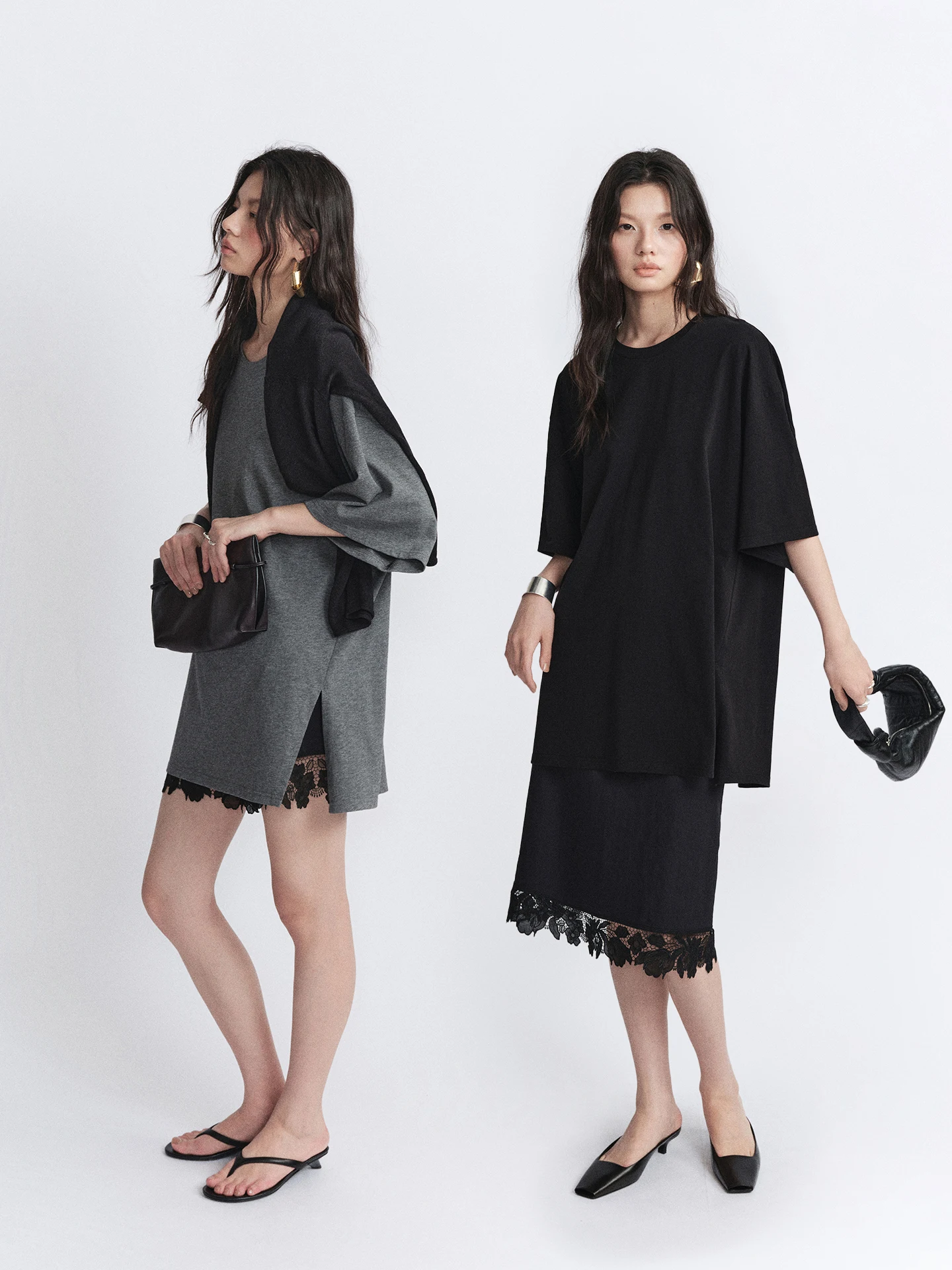 

FSYSKINS Oversize Loose Cotton T-irt with Slanting Slit Early Autumn Five-Quarter Sve Casual Sle Women's Top