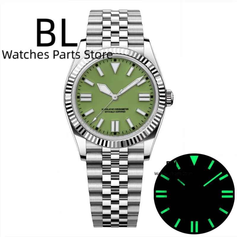 BLIGER 36mm 39mm Fluted Case Wristwatch Shiny Green Dial No Date Sapphire Glass Fashion Couples Watches Sapphire Waterproof 100m