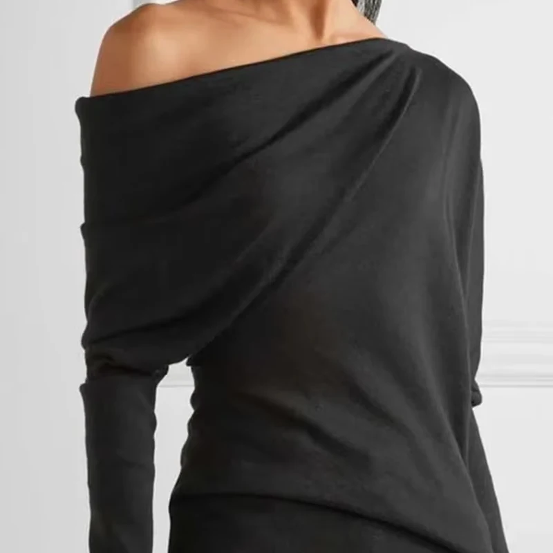 تي شيرت نسائي بأكمام طويلة وكتف باردة غير متماثل ، قميص أسود أحادي اللون بقصة ضيقة بلوفر أنيق ، جديد ،
