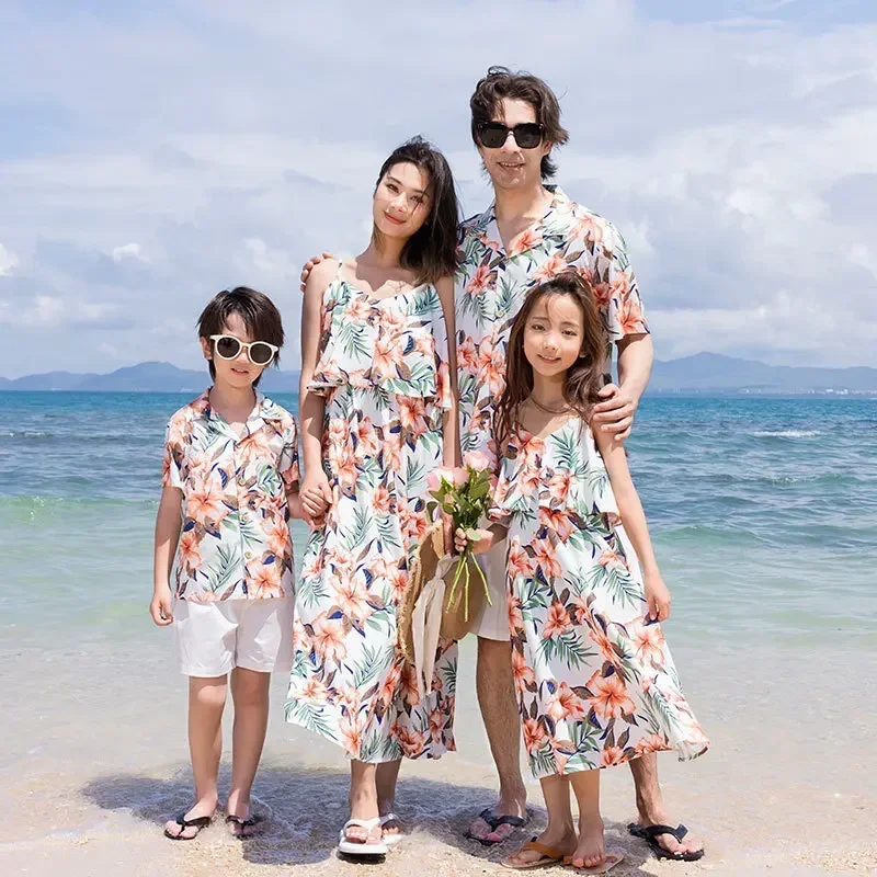 Family Look Vacation Beach Dad Son Matching Floral Shirt Set Parent Child Holiday ClothesClothing Mom Daughter Sleeveless Dress