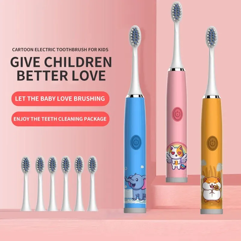 Cartoon Electric Toothbrush for Kids IPX7 Waterproof Whole Body Washable Soft Brush Head for Gingival and Dental Care