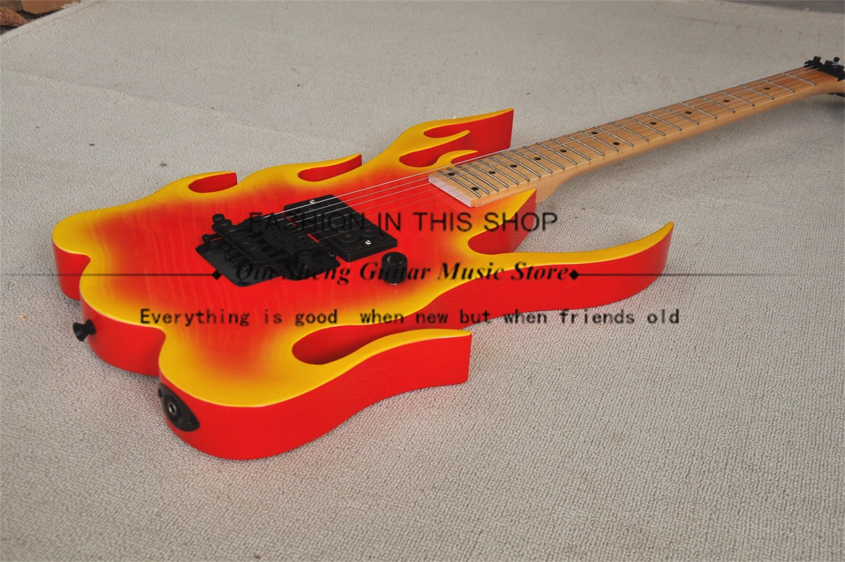 Classic Fire Electric Guitar Red Yellow Irregular Shape Guitar Tremolo Bridge Black Tuner Maple Fingerboard 24 Frets