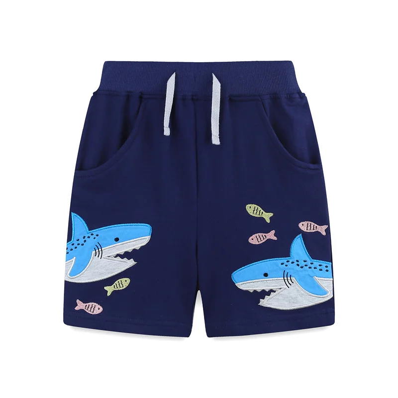 

Jumping Meters Sharks Boys Shorts For Girls Drawstring Applique Kids Trousers Pants Fashion Toddler Baby Clothes