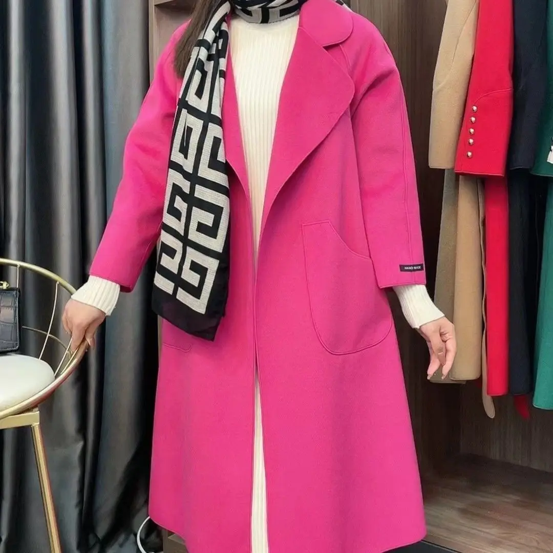 2024 New Long Double Faced Woolen Autumn Winter Mom Looks Slim Covers Meat with Lace up Double Faced Cashmere Woolen Coat Women