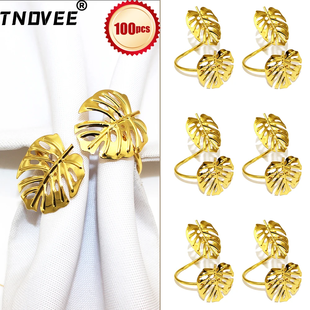 

100Pcs Palm Leaves Napkin Rings Gold Leaf Napkin Holder Metal Serviette Buckles for Christmas Wedding Tropical Party Table Decor