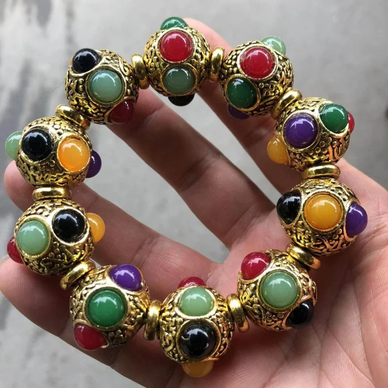 Vintage Ethnic Style Tibetan Silver Inlaid Seven-Color Gem Multi-Treasure Bracelet Bracelet Ornament Men's and Women's Miao Silv