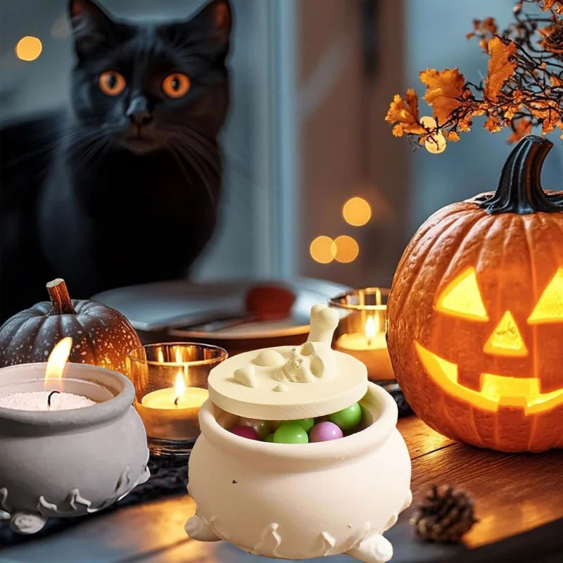 Halloween Jar Resin Mold Witch Cauldron Skull Silicone Mold For Diy Candy Organizer Jewelry Trinket Container Home Decor