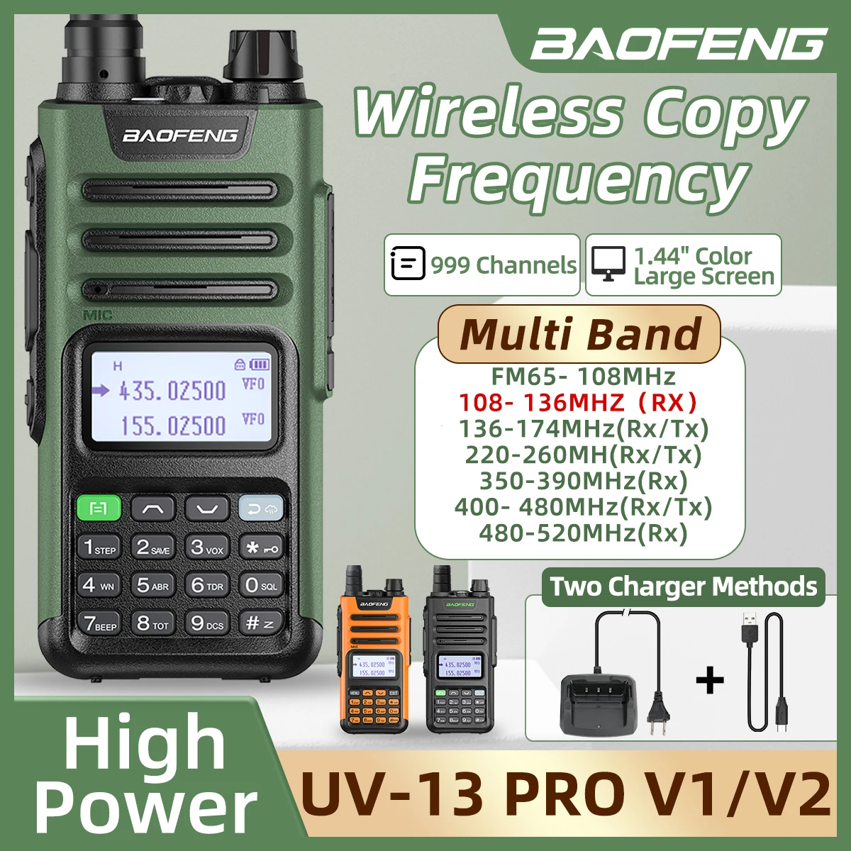 BaoFeng UV-13 PRO V1 V2 de alta potencia de doble banda walkie talkie tipo C cargador 16 KM de largo alcance UV13 transceptor Ham de dos vías de radio