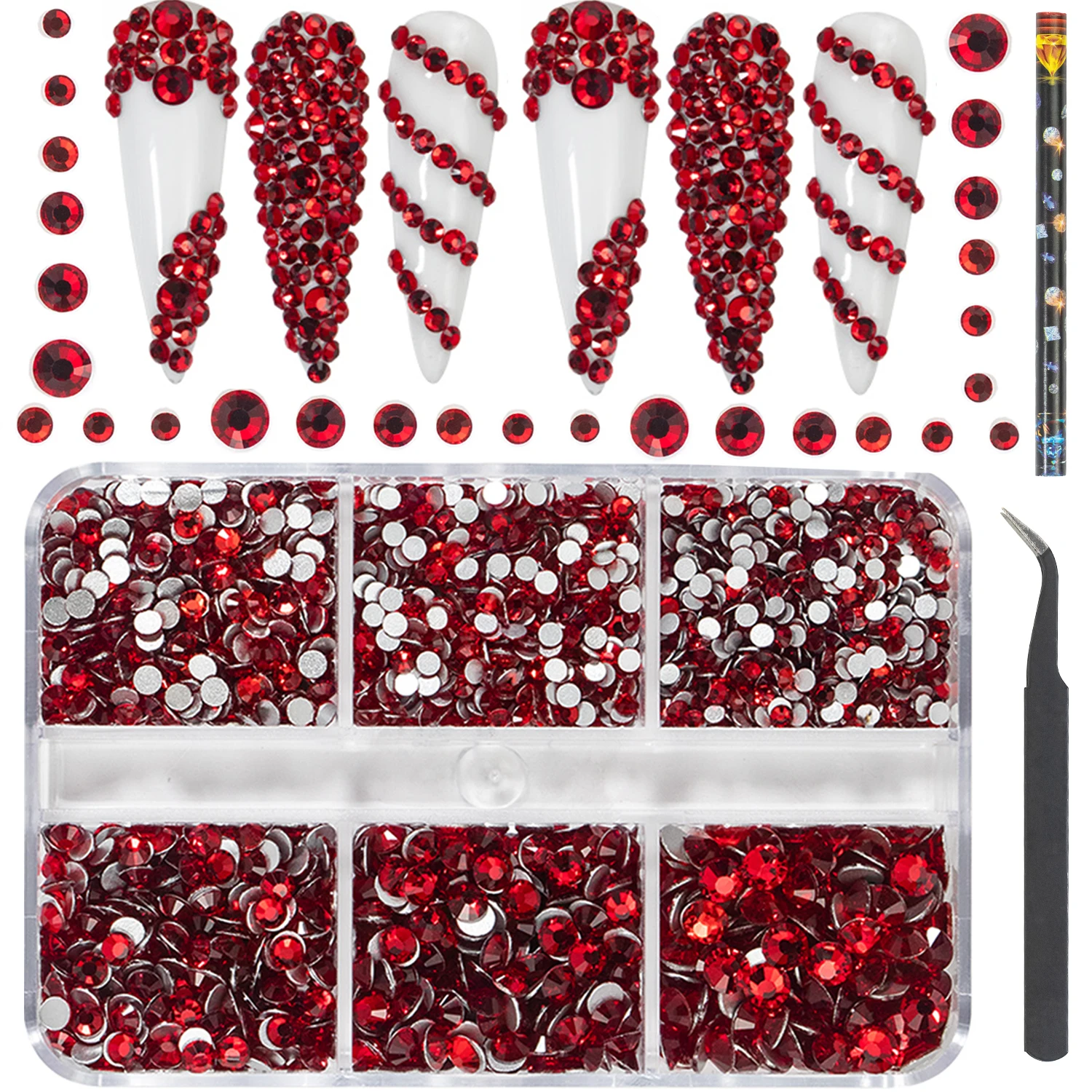 

HNUIX Luxury Shini 3D Diamond Red Color multi-size Rhinestones Nail Charms Flat Bottom Crystals Nail Art 3D Decoration Gem Kit