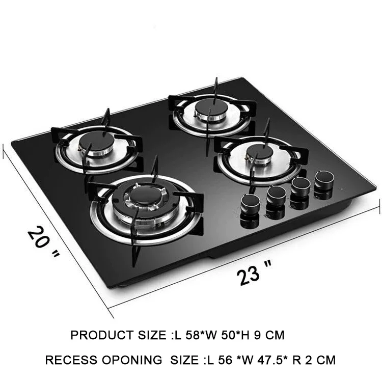 Top Cooktop 4 Burner Gas Stove Built In Tempered Glass Black Surface 4 Burner Cooker Gas Stove