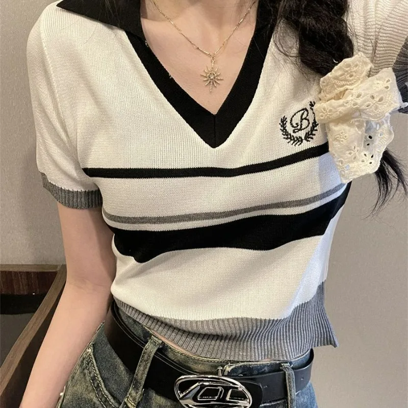 Striped Polo Neck Ice Silk Knitted Top Women's Short Sleeve 2025 Summer New Chic Fake-two Pieces V-neck Thin Short T-shirt
