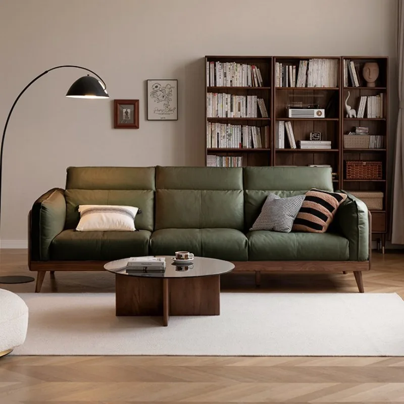 Solid wood sofa, new Chinese-style small apartment living room black walnut sofa, household black label leather sofa