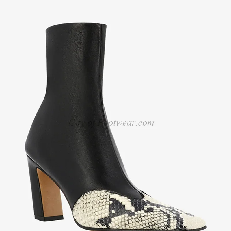 가죽 앵클 부츠 여성용 2025 가을 신상 부드러운 청키 힐 지퍼 블랙/화이트 뱀피 무늬 부티 큰 사이즈 명품 디자이너 신발