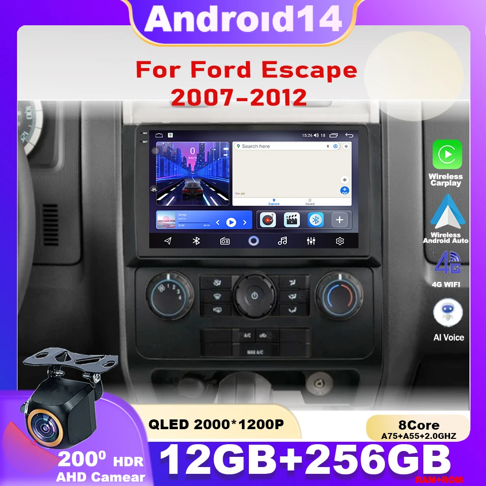 

Android 14 For Ford Escape 2007-2012 Car Radio Multimedia Player Navigation GPS DSP WIFI QLED Wireless Carplay Head Unit Stereo