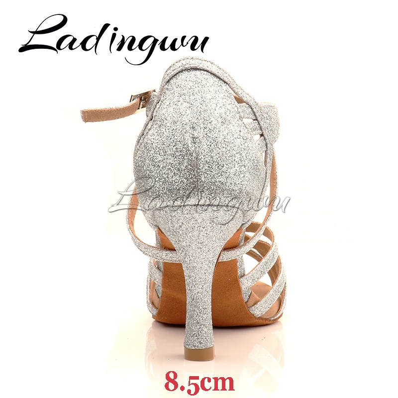 Ladingwu Silver Classic Five Belts Dance Shoes Latin Professional Ballroom Dance Shoes Soft Sole Dance Sandals