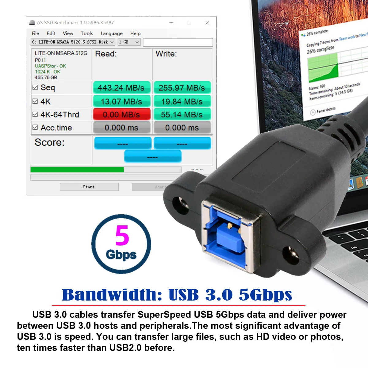 สายเคเบิล5Gbps USB 3.0 Type-B ตัวเมียไปยัง USB3.0 Micro-B ตัวผู้สายข้อมูลสำหรับกล้อง SSD Disk ขนาด30ซม.