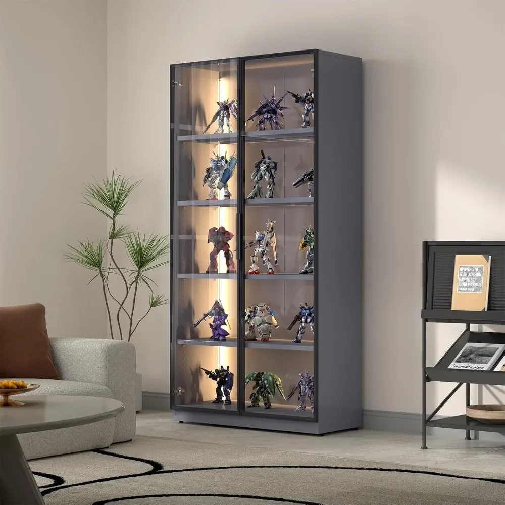 Display Cabinet with Glass Doors,Metal Storage Cabinet with Glass Doors and LED,Dark Grey Glass Storage Cabinet for Collectibles