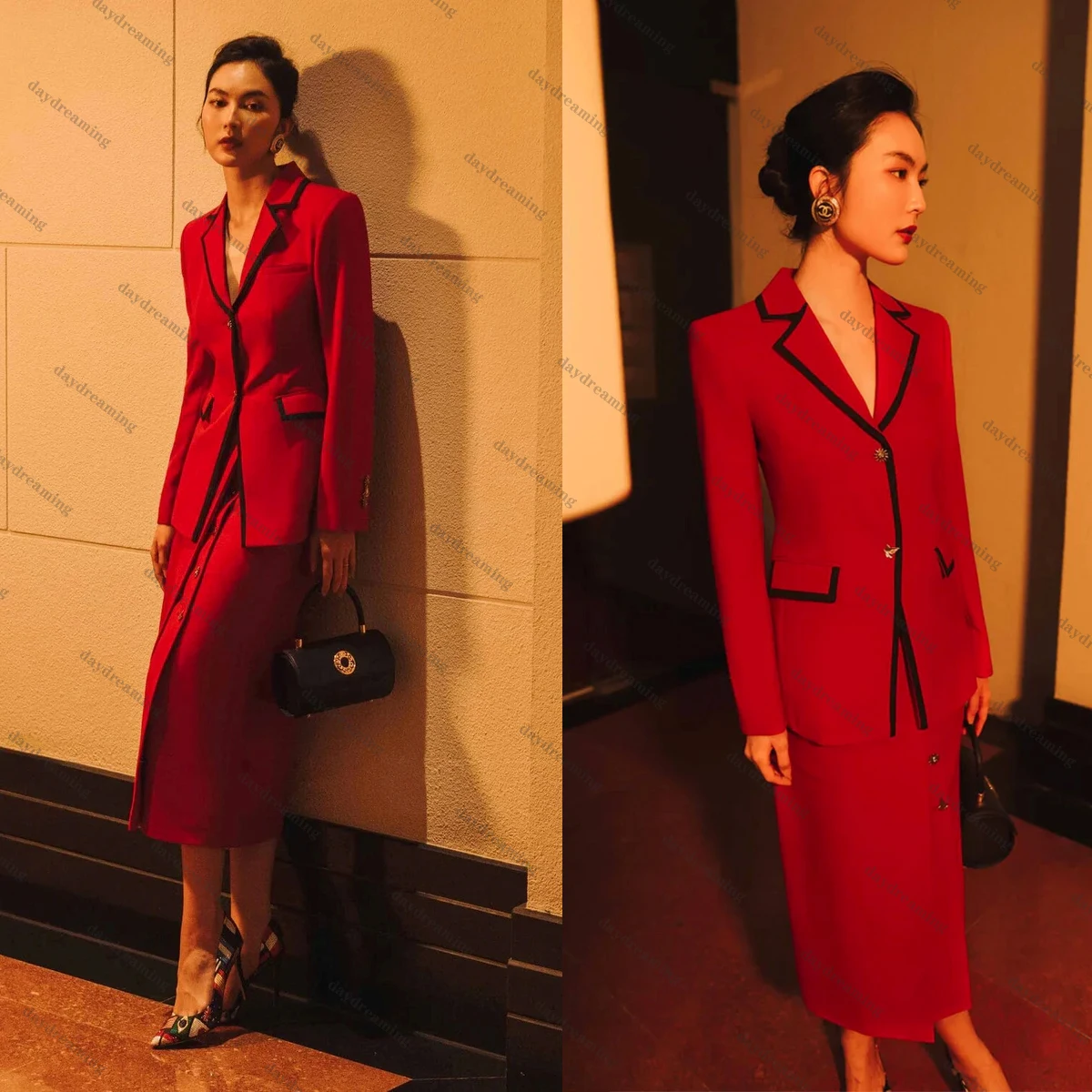 Chic Red Women Suits Dresses Notched Lapel Party Gown Loose Jacket Custom Made Skirt Power Blazer