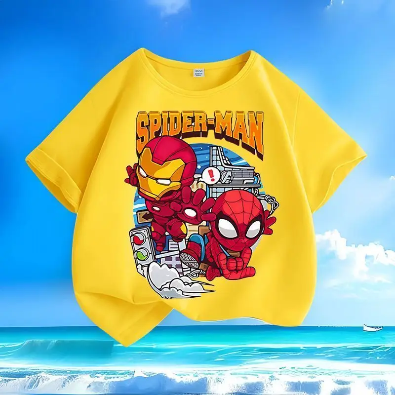 Marvel Spiderman Iron Man niños y niñas verano suave, cómodo y de moda Cool moda dibujos animados Anime patrón camiseta