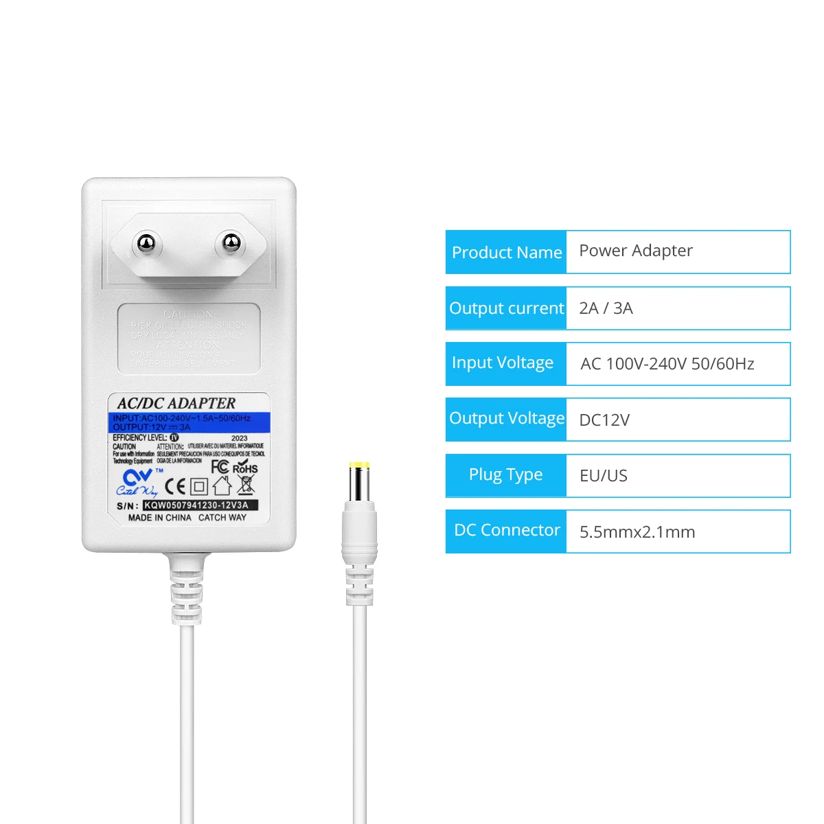 AC110V/220V To DC12V 2A/3A Power Adapter Supply EU/US 5.5x2.1mm LED Light Accessory White shell Universal Power Adapter Charger