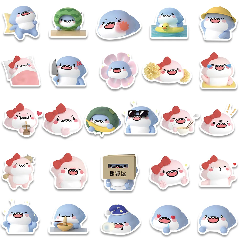 52PCS Cute 3D Cartoon Chubby Shark Kawaii Sticker for Suitcase Car Guitar Laptop Phone Decal Waterproof Sticker Kids Toys