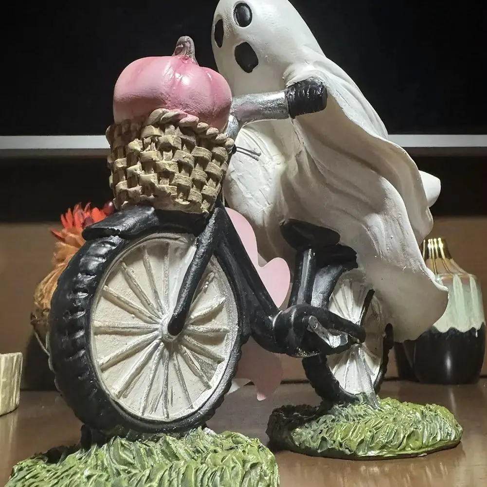 Ghost Bike Rider Met Roze Pompoen Halloween Decor, Schattig Home Ghost Bike Decoratie Beeldje Halloween Op Tafelblad Roze Pum V3i6
