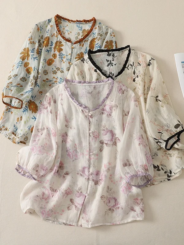 

Retro Artistic Linen Print Half Sleeve Shirt Women Summer Lightweight Breathable Lace Collar Slimming Plant Floral Print Top