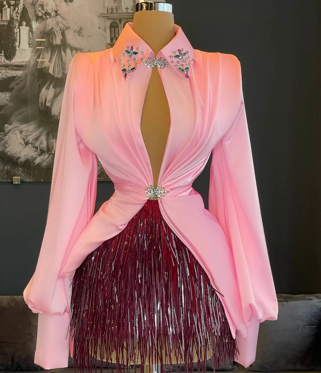 Vestido de cóctel rosa de manga larga, minivestido corto con cuentas para Homecoming, alta costura