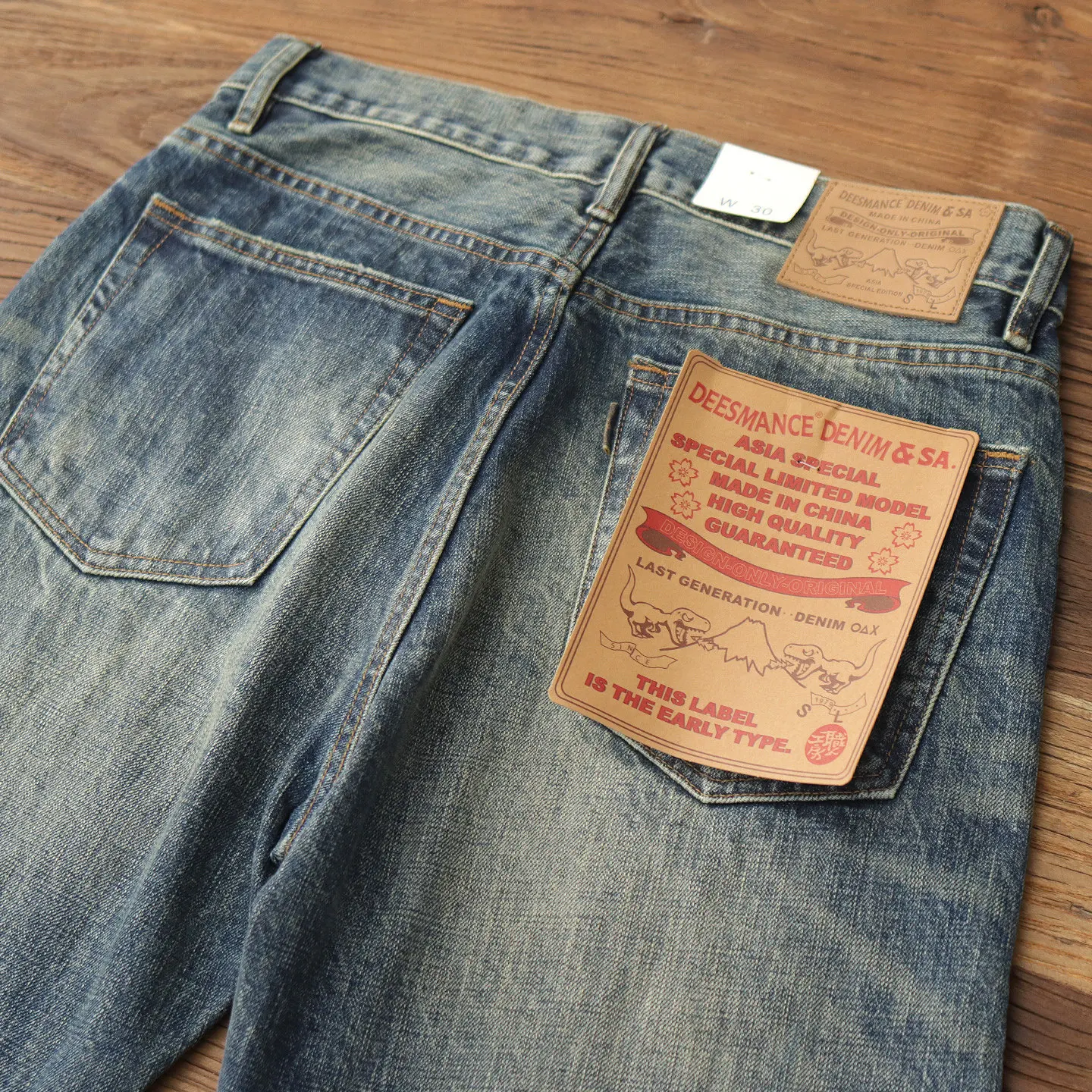 13.5OZ American retro red ear straight jeans for men, heavy denim, washed, mustache, loose casual trousers