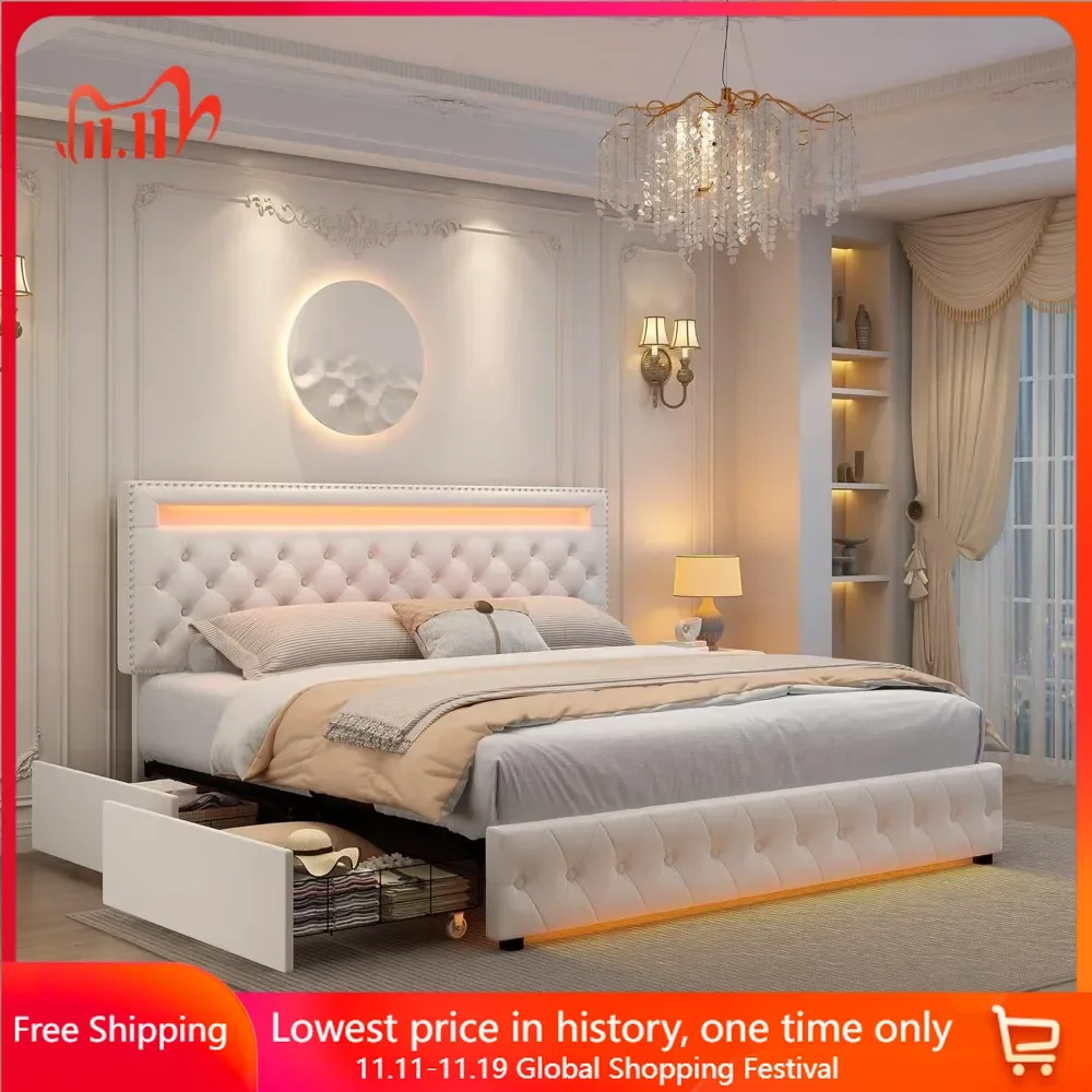 Queen Size Bed Frame with 4 Storage Drawers, Smart Control RGBW LED Lights, Control DIY Color, Led Bed Frame