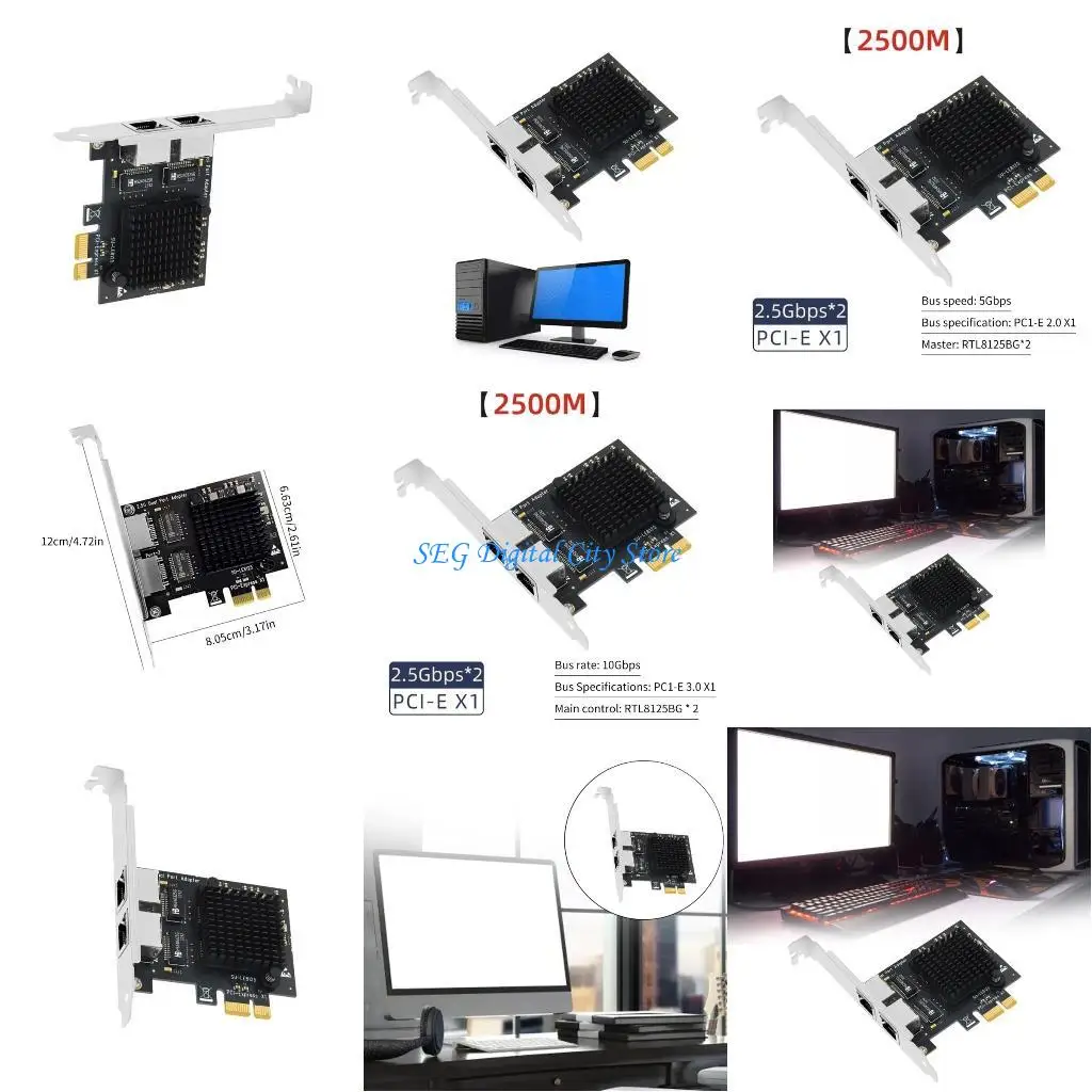

U75B PCIE3.0X1 to 2.5Gbps Ethernet Adapter Card 2x Rj45 Port Easy Networking Expansion Fast