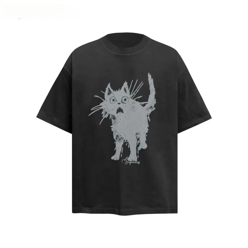 Vintage Cute Surprised Cat Graphic T Shirt Men Oversized Cotton Tee Streetwear Loose Fit Summer Casual Unisex Couple Hip Hop Top