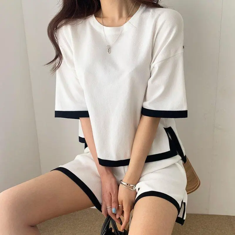 

Suit Summer Women's Ice Silk Pullover Top + Slim Wide-leg Pants Knitted Two-piece Thin Sports Suit Women's 2-piece Suit