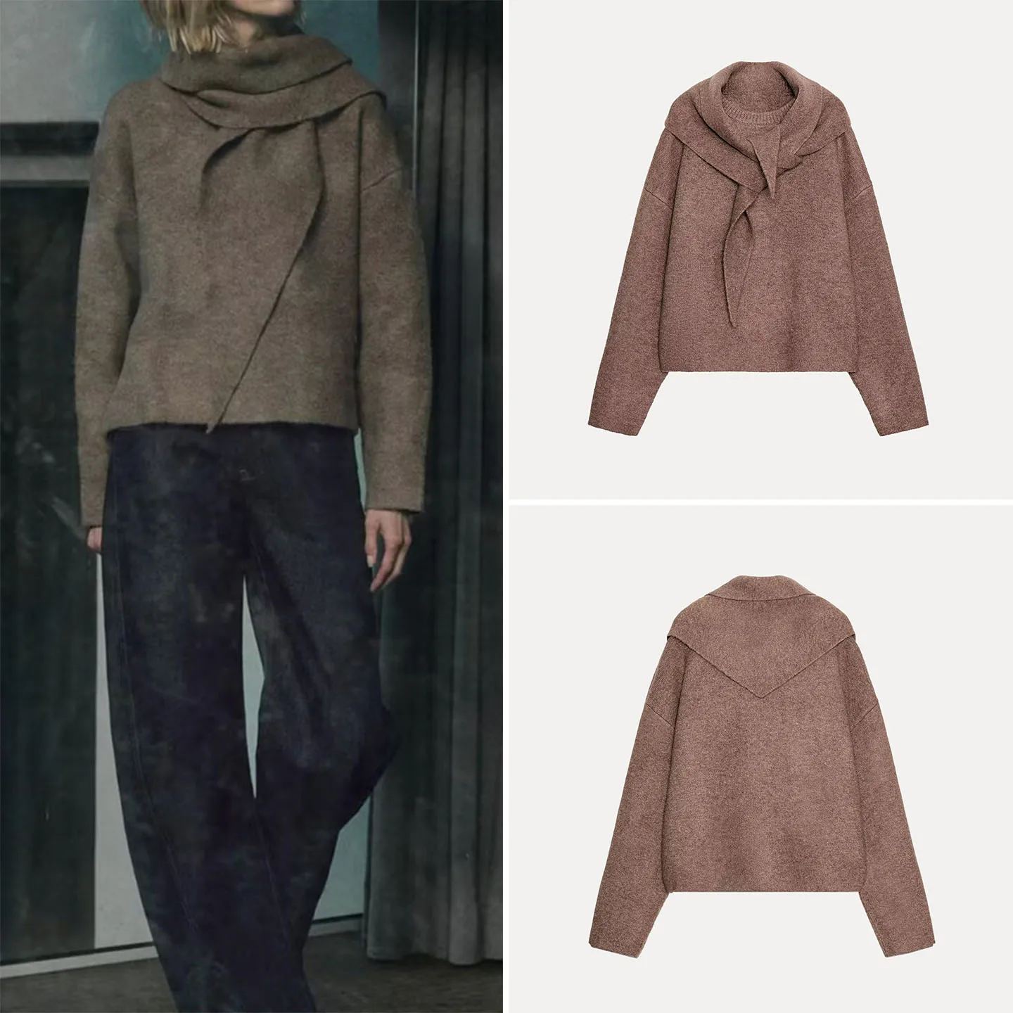 

Fashionable Knitted Scarf Versatile Simple Personality Women's Sweater Autumn 2025 Zadata Regular Fit Long Sleeve Color