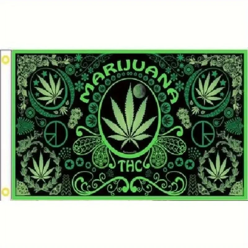 Polyester Leaf Banner 3X5Ft Green And Black Durable Outdoor Tapestry with Peace Symbols | Ideal for Man Caves, College