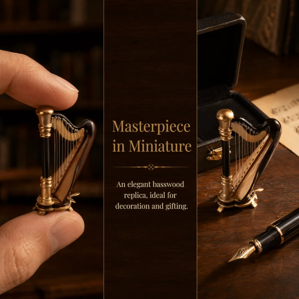 2pcs Wooden Miniature Harp Model Storage Box Included Replica Musical Instrument Ornament Wooden Harp Replica Dollhouse Decor