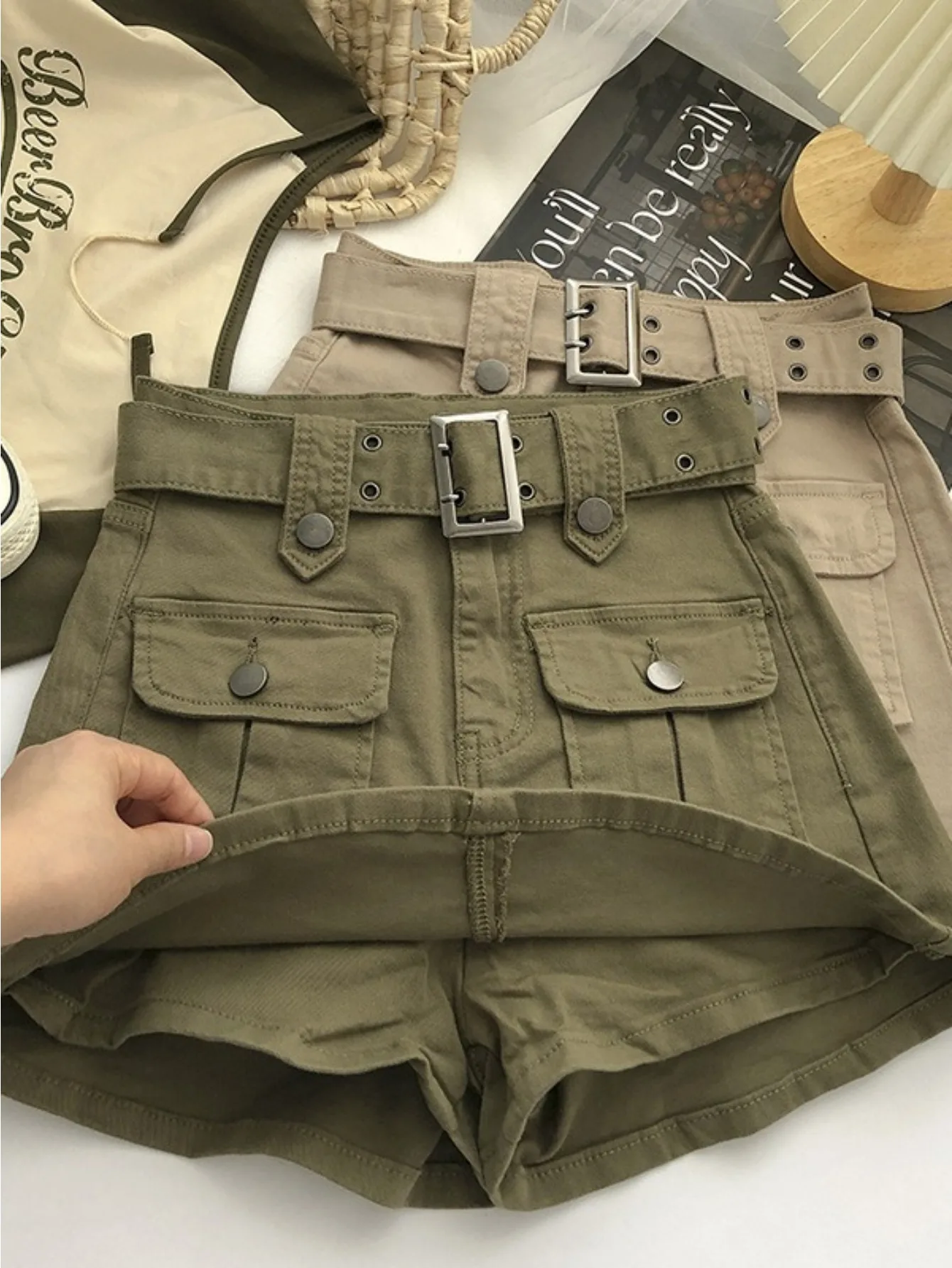 Women'S High-Waisted Cargo Skort, Built-In Lining Shorts, Trendy Street Style Mini Skirt with Belt