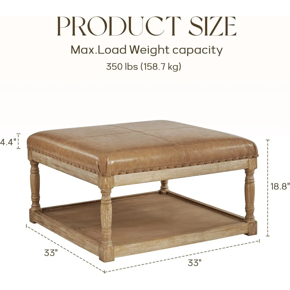 طاولة قهوة عثمانية من الجلد مقاس 33 بوصة، مسند كبير لغرفة المعيشة، مسند مربع مع رف وإطار من الخشب الصلب، منجد