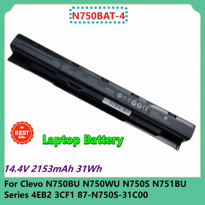 

N750BAT-4 Laptop Battery 14.4V 2153mAh 31Wh For Clevo N750BU N750WU N750S N751BU Series 4EB2 3CF1 87-N750S-31C00 6-87-N750S-4EB1