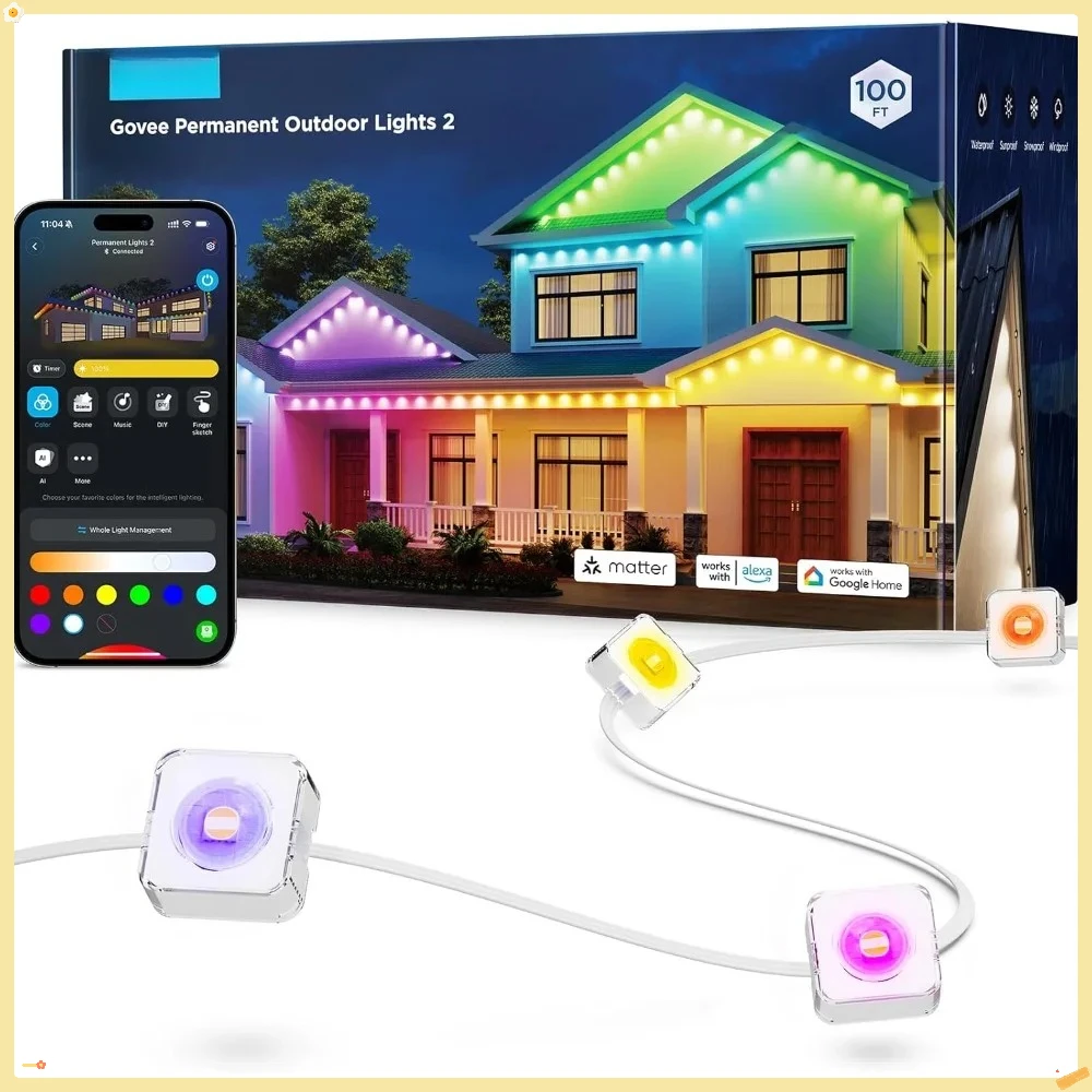 Luzes externas permanentes 2, luzes externas de 100 pés com 72 luzes LED, IP67 à prova d'água, 100 modos de cena com 40lm branco