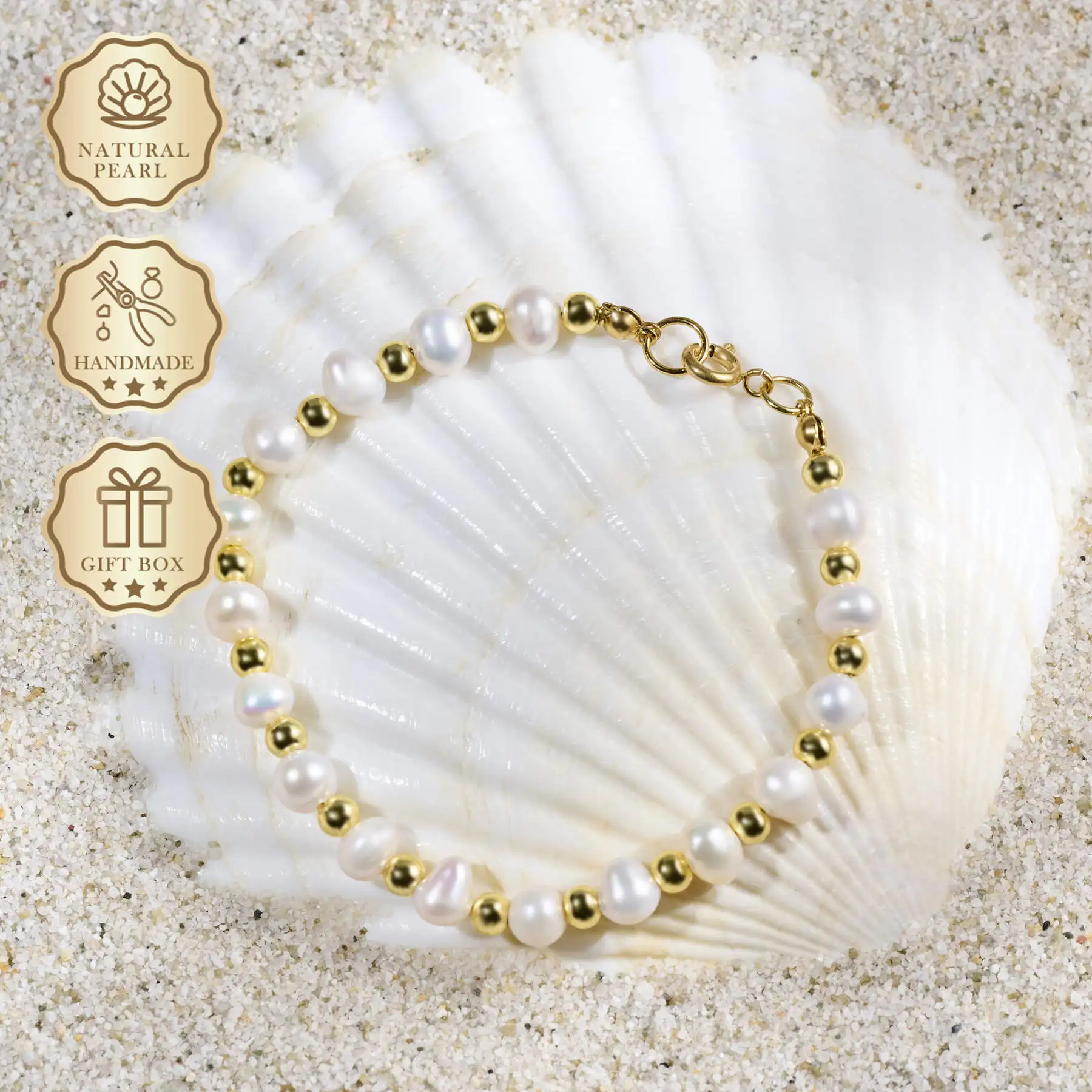 

MYSOYA White Freshwater Pearl Bracelet 5–6mm with Gold Beads, Gift Box, Ideal Birthday & Anniversary Gift